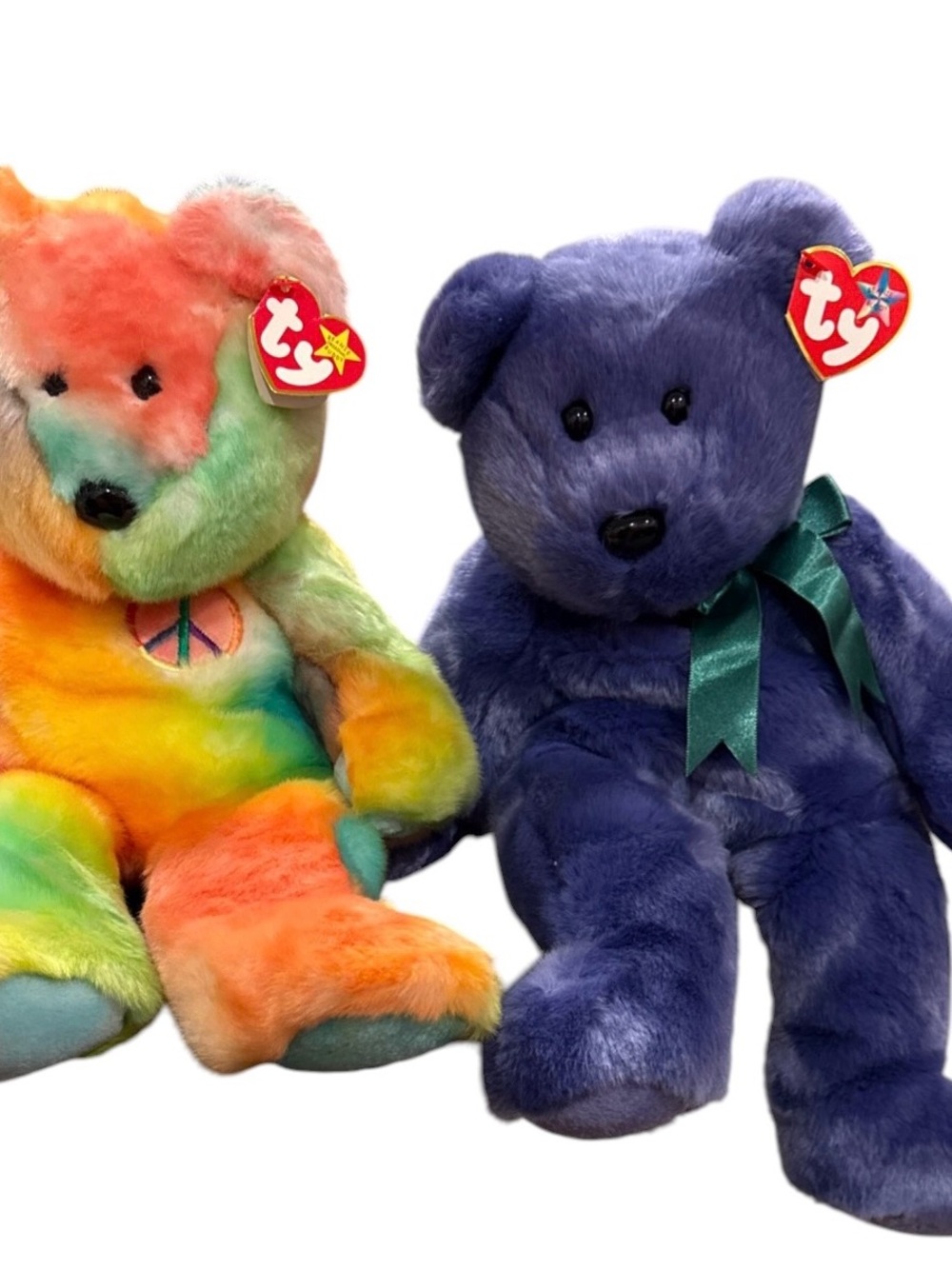 Ty Buddies Peace Rainbow Tie-Dye & Employee Plush Beanie Bears, 14”, New
